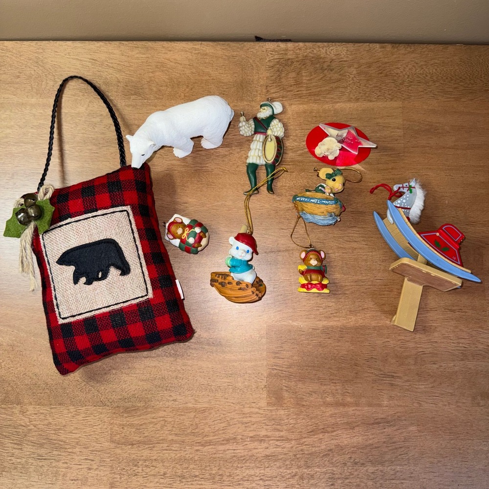 Lot of 9 Vintage and Modern Christmas Ornaments Bear Mouse Rocking Horse Figures